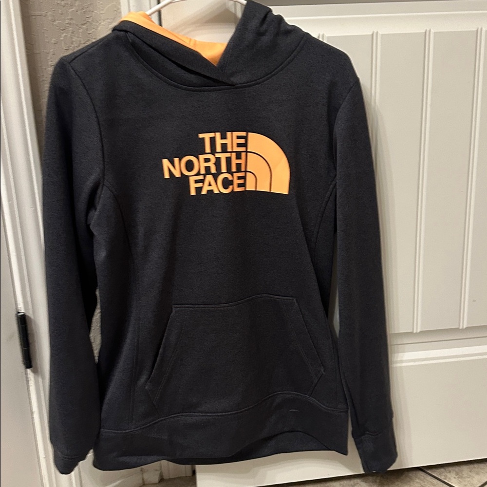 The North Face Charcoal Hoodie with Peach Logo